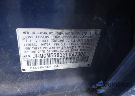 2003 Honda Accord 2.4 Ex из США, поврежденный, VIN JHMCM56633C047308